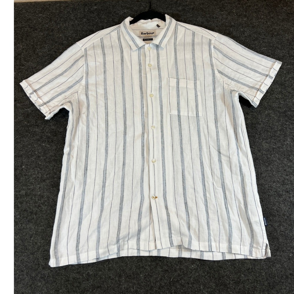 Barbour Button Up Shirt Mens XL White Blue Striped Relaxed Fit Linen Summer